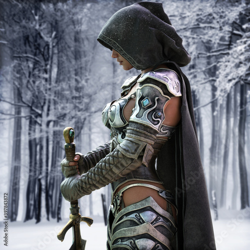  Obrazy Elfy   mysterious-ranger-warrior-female-wearing-a-hooded-cape-and-light-armor-stands-poised-and-ready-with-a-beautiful-snow-terrain-background-fantasy-3d-rendering