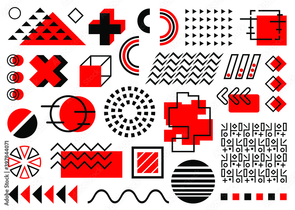 Vector red and black memphis set isolated on white background. Triangles, zigzags, circles, squares and other flat design shapes. For your design as flyers, banners, brochures, cards, Vector red and black memphis set isolated on white background. Triangles, zigzags, circles, squares and other flat design shapes. For your design as flyers, banners, brochures, cards,