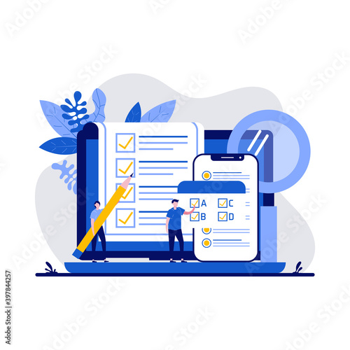 Testing concept with character. People answering quiz checklist and success result abstract vector illustration. Online exam, questionnaire form, online education, survey metaphor