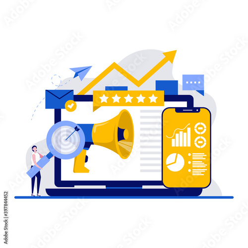 Digital marketing concept with tiny character. Social network and media communication flat vector illustration. SEO ranking, growth analysis metaphor. Can use for web banner or landing page idea