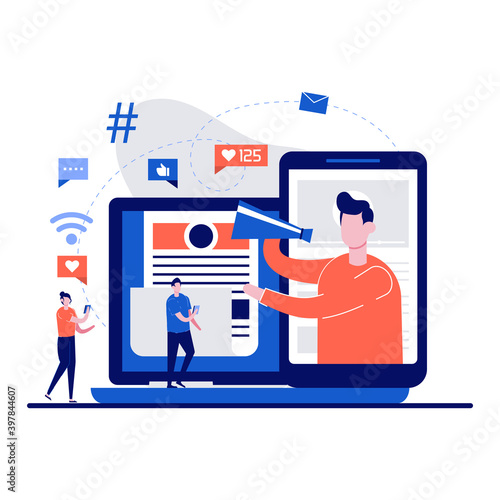 Influencer marketing, blogging, advertising on social media networks concept with tiny character. People with megaphone promoting product or service on video channel flat vector illustration