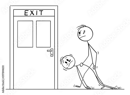 Vector cartoon stick figure illustration of bouncer or big rough man carrying drunk men to exit door to throw him out of building, bar or club.