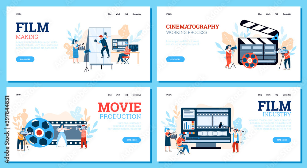 Set of website banners for filmmaking industry with professional filmmakers and cameraman, flat cartoon vector illustration. Movie production web pages bundle. Set of website banners for filmmaking industry with professional filmmakers and cameraman, flat cartoon vector illustration. Movie production web pages bundle.