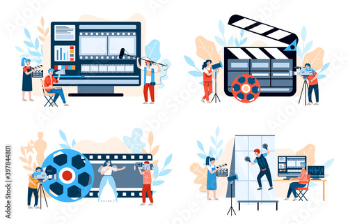 Movie production banners set with tiny people characters among cameras and film shooting equipment, flat cartoon vector illustration isolated on white background.