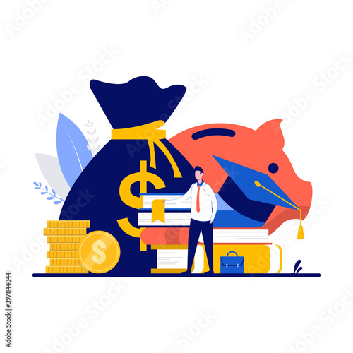 Education and investment concept with tiny character, money, book, hat and coins cash. Businessman learning success and finance course. Student loans, scholarships, savings for study metaphor