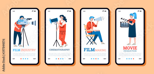 Set of vector mobile phone screen with characters of film making team - cameraman, sound and light engineer, director and assistant. Entertainment movie production.