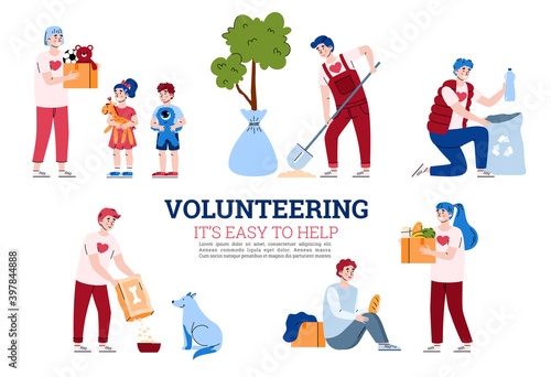 Banner with concept of volunteering, donation and social help. A set of scenes with volunteers people doing charity activities. Vector flat illustration with text.