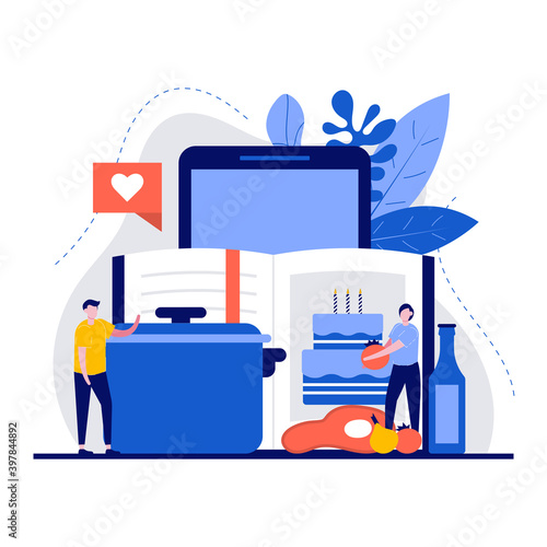 Education and cuisine concept with tiny character. People learning culinary, cooking course flat vector illustration. Food blog channel, video tutorial, online education, distance learning metaphor
