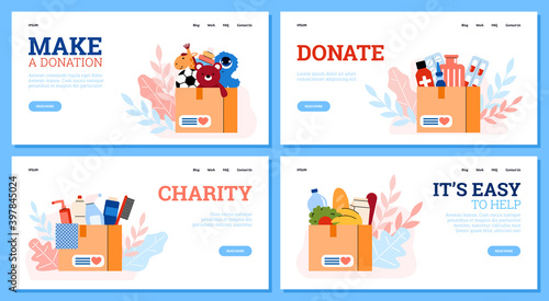 Charity and donation concept. Set of vector landing page templates with cardboard boxes full of food, toys, medications, hygiene products for social help to poor people in shelters