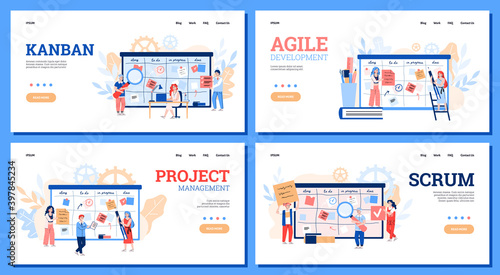 Set of website banners for scrum, agile and kanban method technology of development and workflow management, cartoon vector illustration. Business methodology for project.