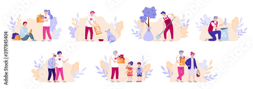 Concept of volunteering. Set of scenes with volunteers doing charity work - donation food and toys, help to elder, feed homeless animals, improve environment. Vector illustration