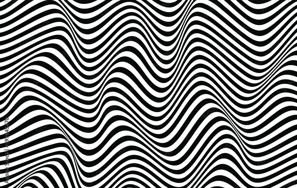 Black and white stripes. Psychedelic, hypnotic line abstract background. Vector pattern. Warped waves. Monochrome illustration. Banner, wallpaper, template, print, poster. Ocean, sea concept. Border