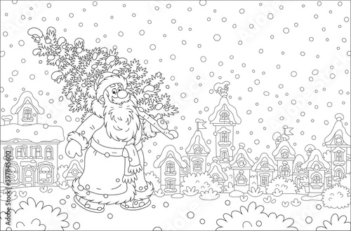 Fototapeta Naklejka Na Ścianę i Meble -  Santa Claus walking down a snowy street of a small pretty town and carrying a prickly fir from a winter forest to decorate it for Christmas and New Year, vector cartoon illustration