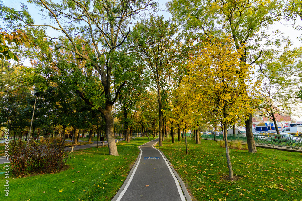 Obraz premium Bike and running lane in Drumul Taberei Park, also known as Moghioros Park, in Bucharest, Romania, at sunrise in an autumn morning.
