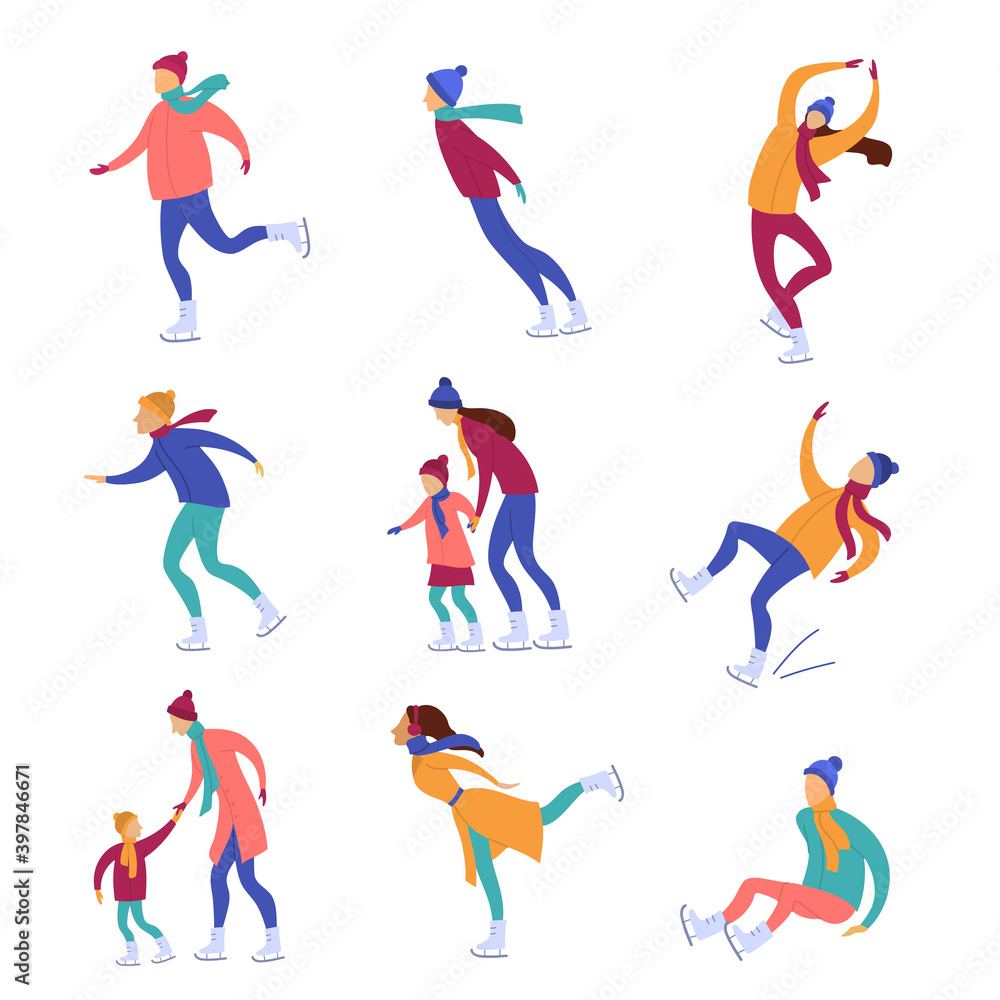 Cartoon Color Characters People Ice Skating Concept Set. Vector Cartoon Color Characters People Ice Skating Concept Set. Vector