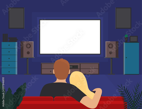 Cartoon Color Characters Couple of Young People Watching TV Concept. Vector