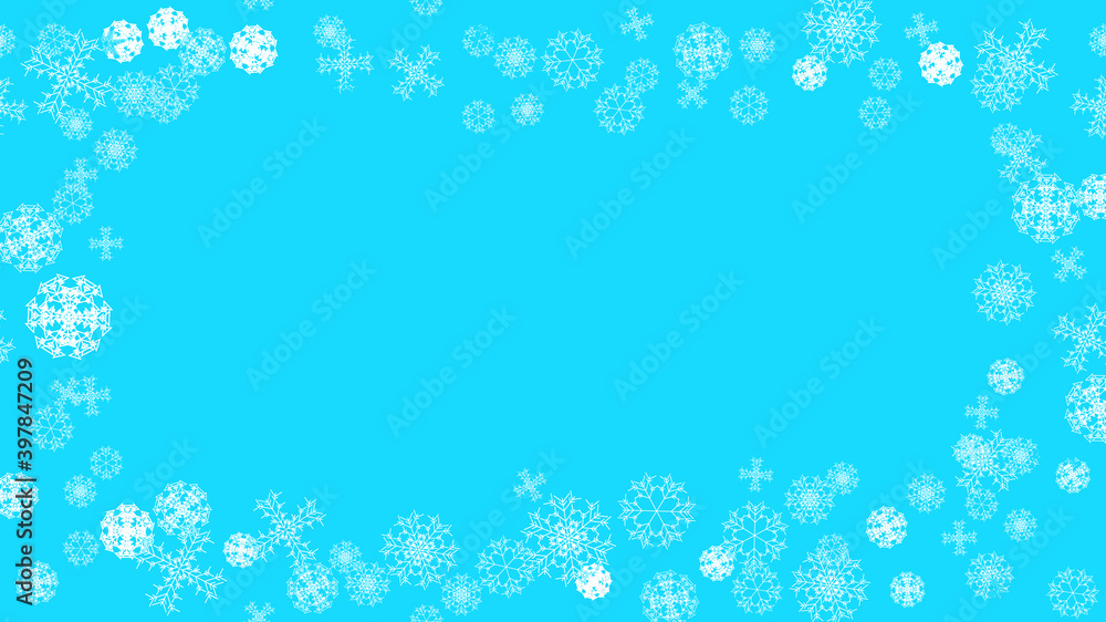 Bright colorful pattern texture of a frame of white snowy winter festive New Year's Christmas various abstract carved snowflakes. illustration