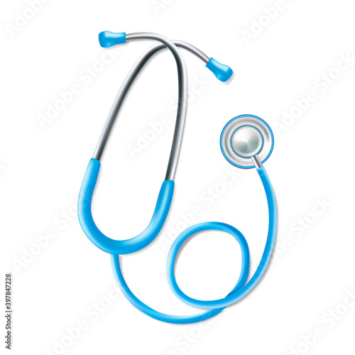 Realistic Detailed 3d Medical Equipment Blue Stethoscope. Vector