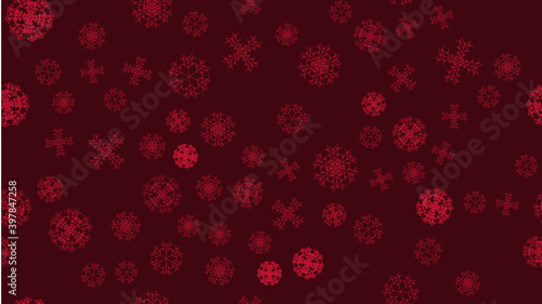 Bright motley pattern texture of a frame of white snowy winter festive New Year's Christmas various abstract carved snowflakes on a red background. illustration