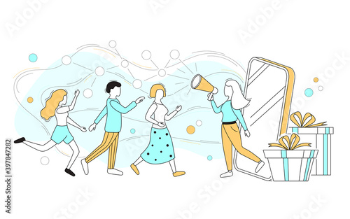 Characters People Referral Marketing Program Concept Contour Linear Style. Vector