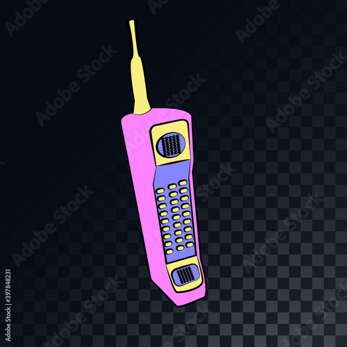 Old retro vintage mobile phone with antenna from the 70s, 80s, 90s on a translucent, dark, squared gray background of squares. illustration