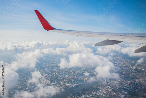 The view from the plane window on the city