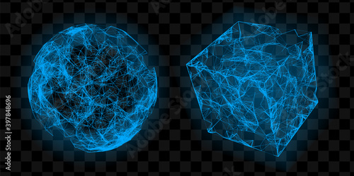 Abstract vector mesh sphere and cube. Blue glowed futuristic 3d shapes. Plexus lines illustration. Technology design.