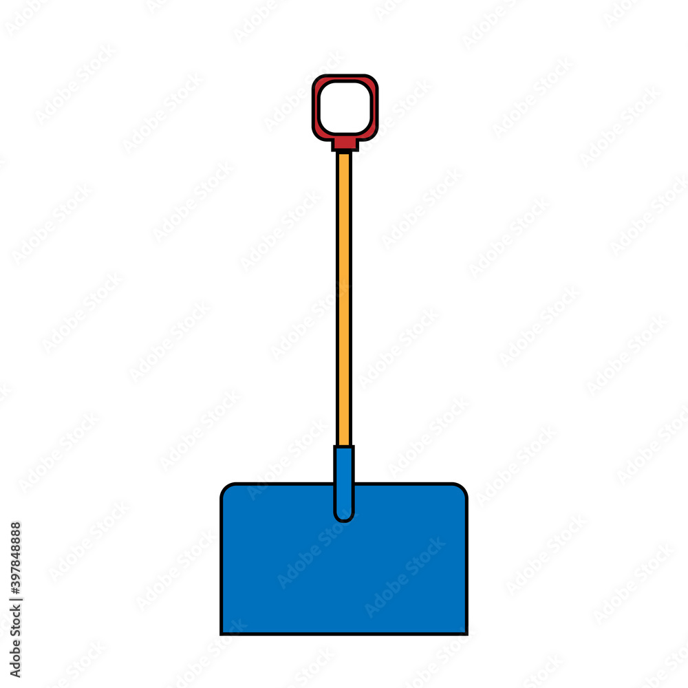 Icon of building a beautiful shovel with a wooden handle for cleaning snow. Garden snowblower on a white background. illustration