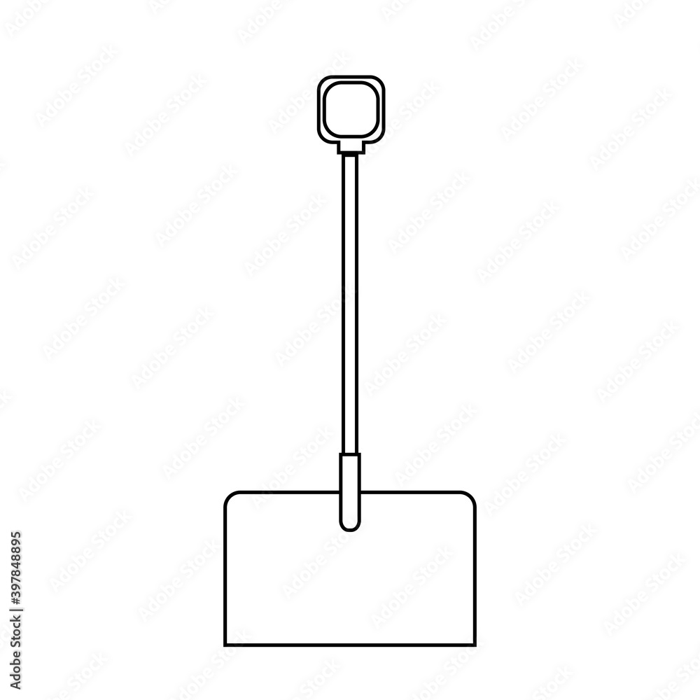 Black and white icon of a beautiful construction shovel with a wooden handle for snow removal. Garden snowblower on a white background. illustration Black and white icon of a beautiful construction shovel with a wooden handle for snow removal. Garden snowblower on a white background. illustration