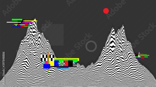 Abstract colored striped wavy landscape wallpaper. Modern sine line background. Op art layout design.