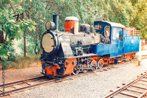 The little train on a station at Chidrens Railway Park in Yerevan.