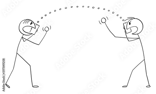 Vector cartoon stick figure illustration of two angry men or businessmen arguing or fighting using smartphones or mobile phones. Concept of technology and relationship.