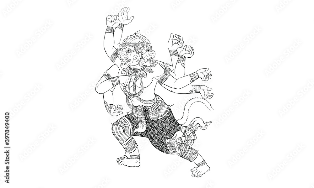 Fototapeta premium Hanuman, Thai traditional backdrop, Thai traditional painting in temple, vector