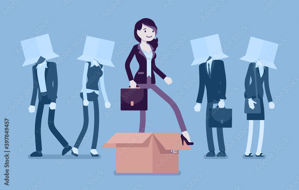 Think outside box, creative woman generating new, different ideas. Metaphor of innovative, advanced, original strategy, remarkable person among ordinary people. Vector creative stylized illustration Think outside box, creative woman generating new, different ideas. Metaphor of innovative, advanced, original strategy, remarkable person among ordinary people. Vector creative stylized illustration
