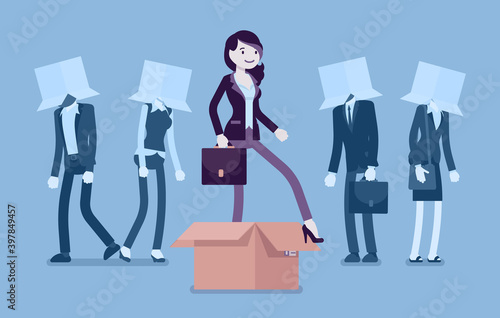 Think outside box, creative woman generating new, different ideas. Metaphor of innovative, advanced, original strategy, remarkable person among ordinary people. Vector creative stylized illustration