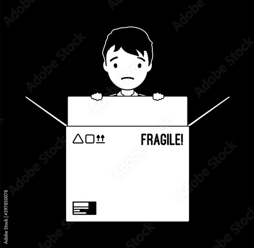 Inside the box, child of standard, normal or average thinking. Little boy hiding in a cardboard, metaphor of simple, easy, typical life. Vector illustration, black and white ink pen line art drawing