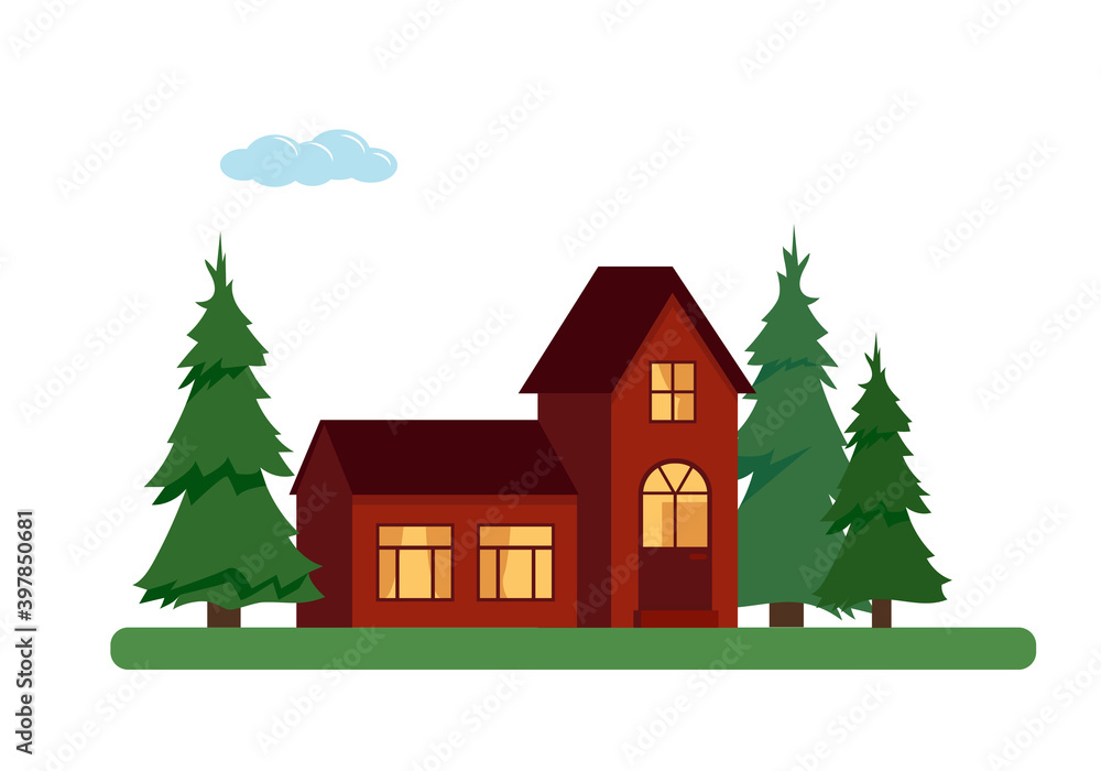 Country house with trees on white background.