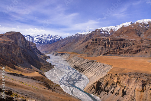 Serene Landscape of Spiti river valley with gully eroded and pinnacle geological weathered landform in cold desert arid region of Trans Himalayas Lahaul and Spiti district of Himachal Pradesh, India. photo