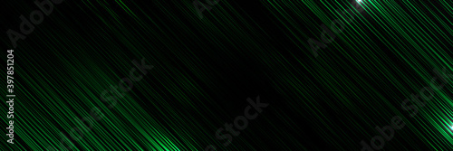 Dark green black tech metal abstract background for wide banner with green light lines stripes