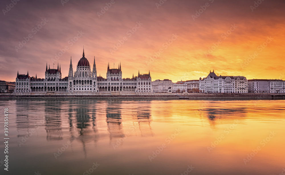 Wonderful sunset over the Hungarian Parliament in Budapest