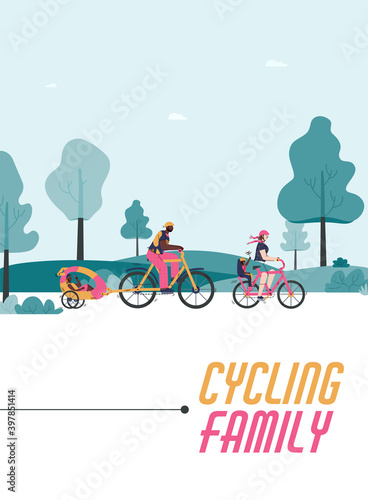 Cycling family card or poster with cartoon people traveling in the forest or park by bike, flat vector illustration. Family cycling sport and travel together.