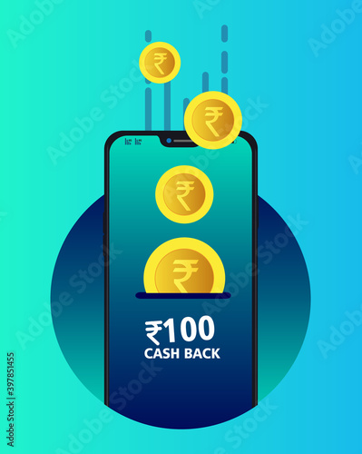 cash back concept with smart phone  with falling Indian rupee coins, 100 rupee cash back vector illustrations