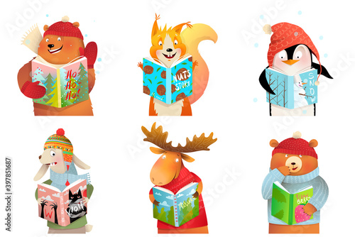 Baby animals for kids reading books and studying, bear moose squirrel hare and teddy characters. Winter Fairy tale cartoons clever animals reading vector illustration.