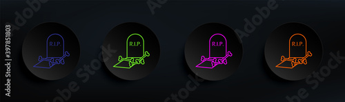 Halloween coffin with bones R.I.P. dark badge color set. Simple thin line, outline vector of halloween icons for ui and ux, website or mobile application