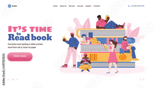 People literature fans or loving read is sitting, standing and lying on stack of huge books and reading. Concept of book festival, bookstore or library. Vector landing page template