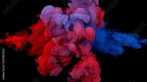 Collision of colored cartoonn smoke. The collapse of smoke in slow motion on a black background. photo
