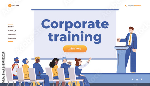 Corporate training for company employees. Coach speaker, manager or leader company conduct business seminar, conference and education for workers. Vector landing page template