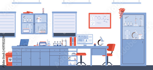 Chemical or pharmaceutical research laboratory interior with furniture and equipment, cartoon vector illustration. Internal view of scientific experimental laboratory.