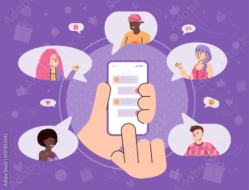 Refer a friend banner concept with human hand sending messages to friends in chat, flat cartoon vector illustration. Referral program of customers recommendation.