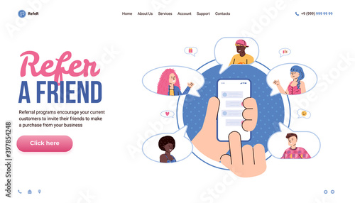 Refer a friend referral marketing web banner template with cartoon avatars of people, flat vector illustration. Referral program promotion page for website or app.